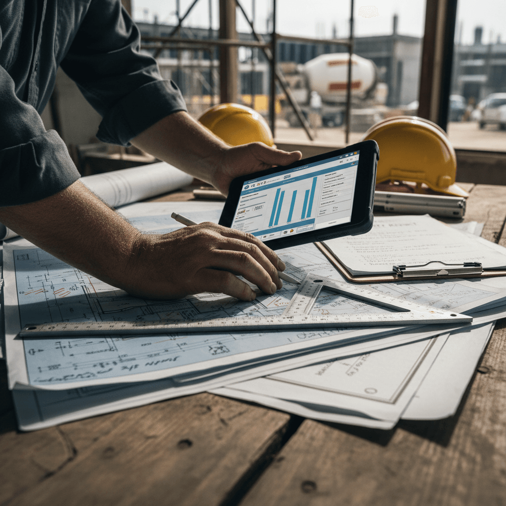 Project manager reviewing construction plans and precision tools on renovation jobsite
