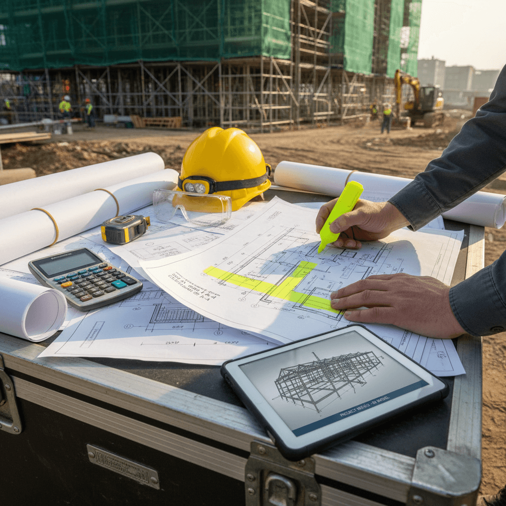 Professional construction team reviewing project blueprints on a renovation job site