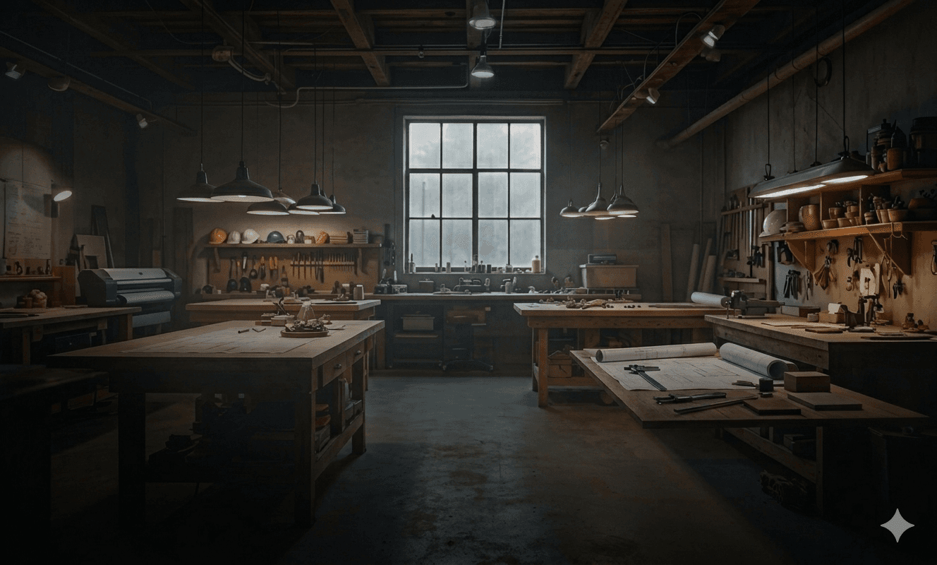 Dimly lit industrial workshop with wooden workbenches, blueprints, and tools under hanging pendant lights.